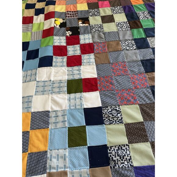 Vintage Hand Stitched Quilt Full Patchwork Square Block Polyester Masculine Read - Picture 4 of 8